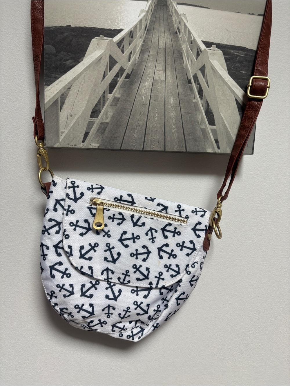 Old Navy Tote Bag White with Navy Anchor Print & Brown Handles Shoulder Bag